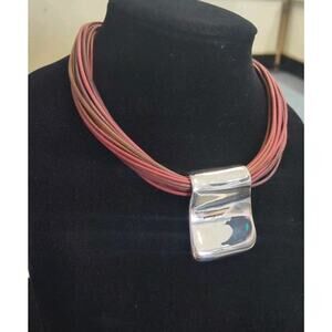 Milor 925 Sterling Square Puffy Pendant(23Gr)Leather Wine Multi Strand Necklace